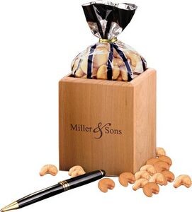Leather or hardwood pen/pencil cup with food for business gift giving.